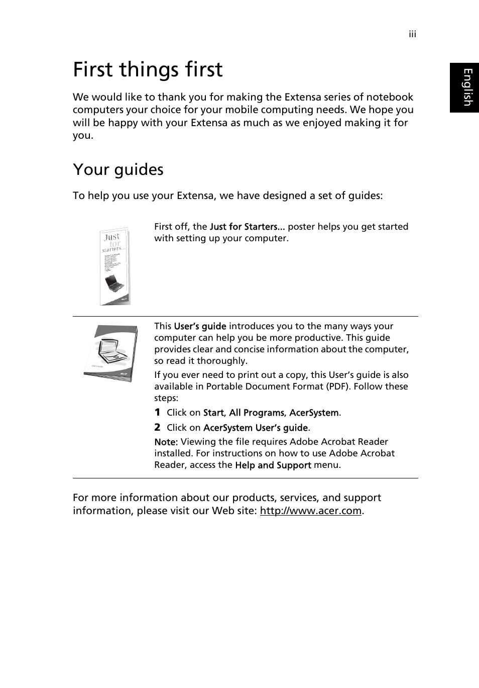 First things first, Your guides | Acer Extensa 2950 User Manual | Page 3 / 92