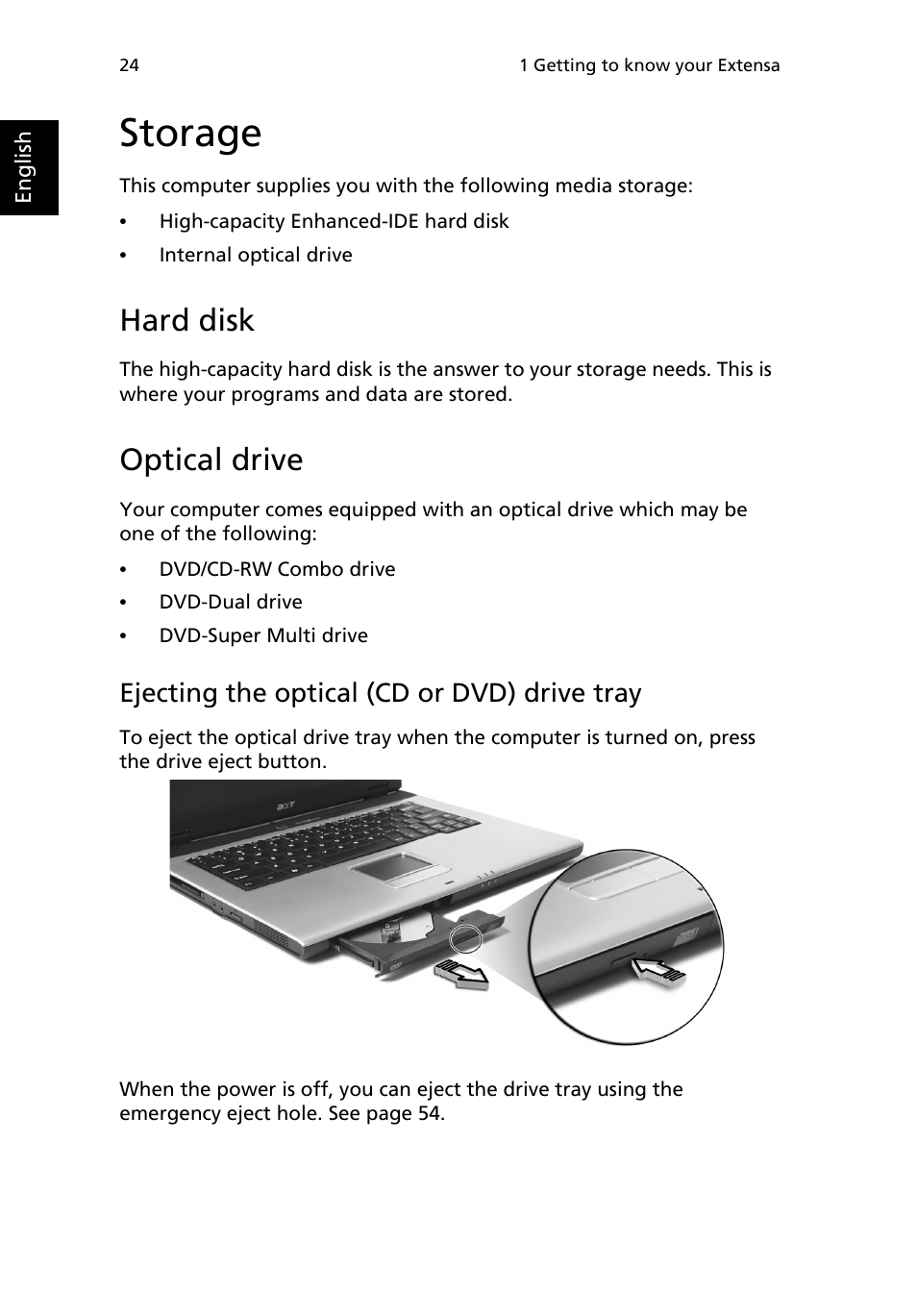 Storage, Hard disk, Optical drive | Ejecting the optical (cd or dvd) drive tray | Acer Extensa 2950 User Manual | Page 32 / 92