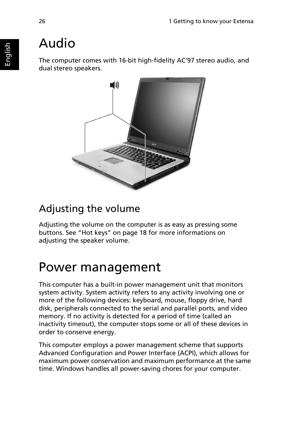 Audio, Adjusting the volume, Power management | Acer Extensa 2950 User Manual | Page 34 / 92