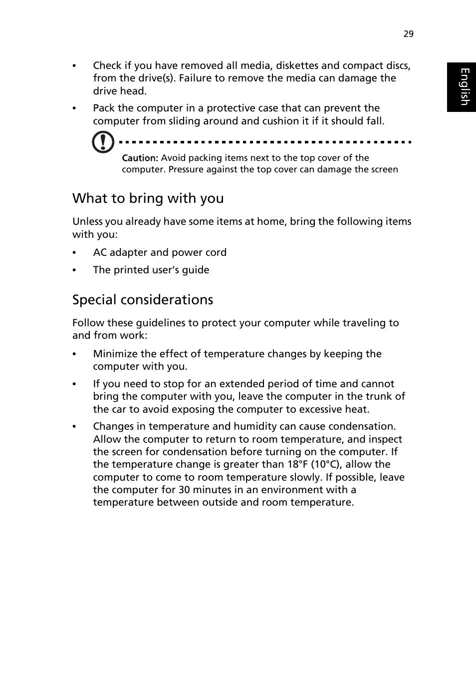 What to bring with you, Special considerations | Acer Extensa 2950 User Manual | Page 37 / 92