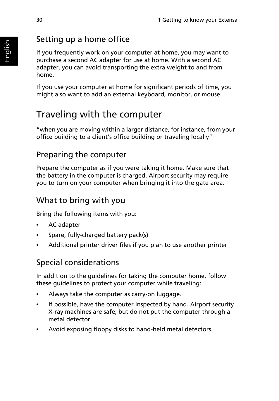 Traveling with the computer, Setting up a home office, Preparing the computer | What to bring with you, Special considerations | Acer Extensa 2950 User Manual | Page 38 / 92
