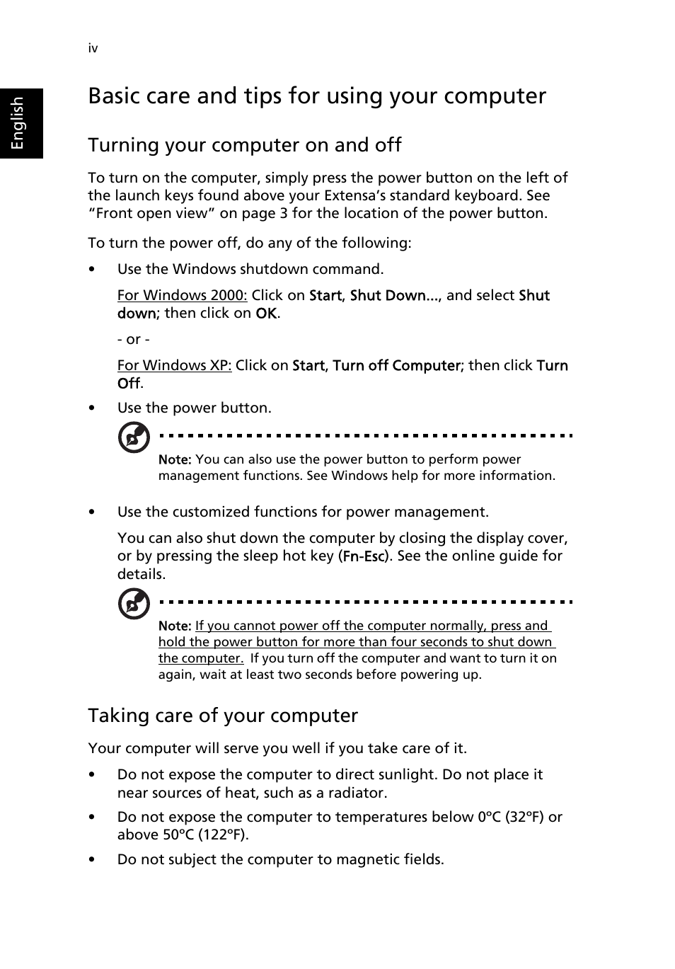 Basic care and tips for using your computer, Turning your computer on and off, Taking care of your computer | Acer Extensa 2950 User Manual | Page 4 / 92