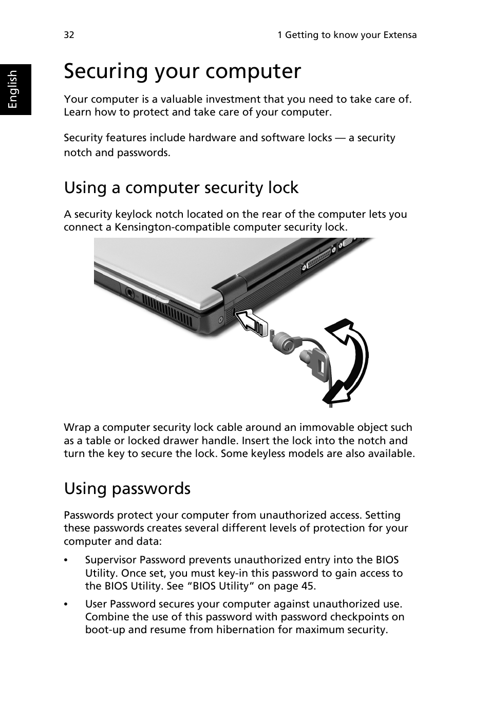 Securing your computer, Using a computer security lock, Using passwords | Acer Extensa 2950 User Manual | Page 40 / 92