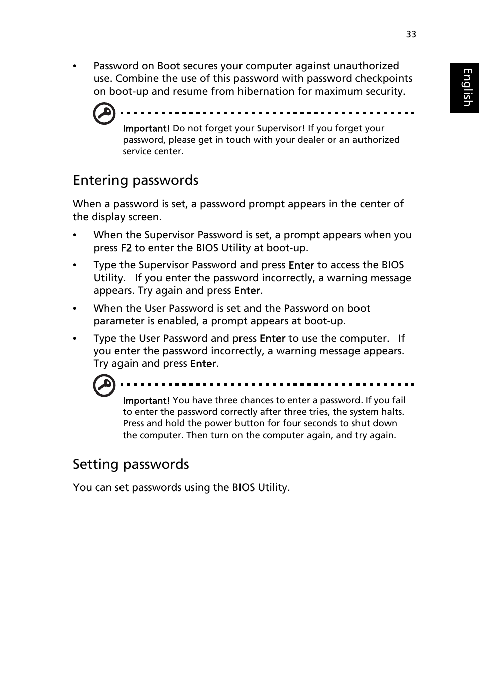 Entering passwords, Setting passwords | Acer Extensa 2950 User Manual | Page 41 / 92