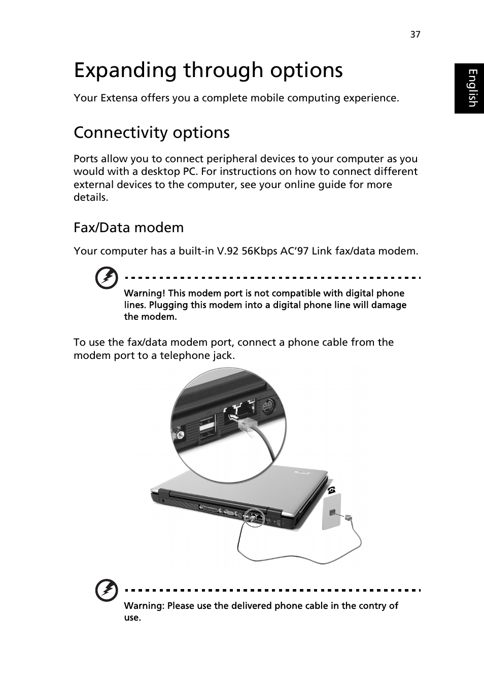 Expanding through options, Connectivity options, Fax/data modem | Acer Extensa 2950 User Manual | Page 45 / 92