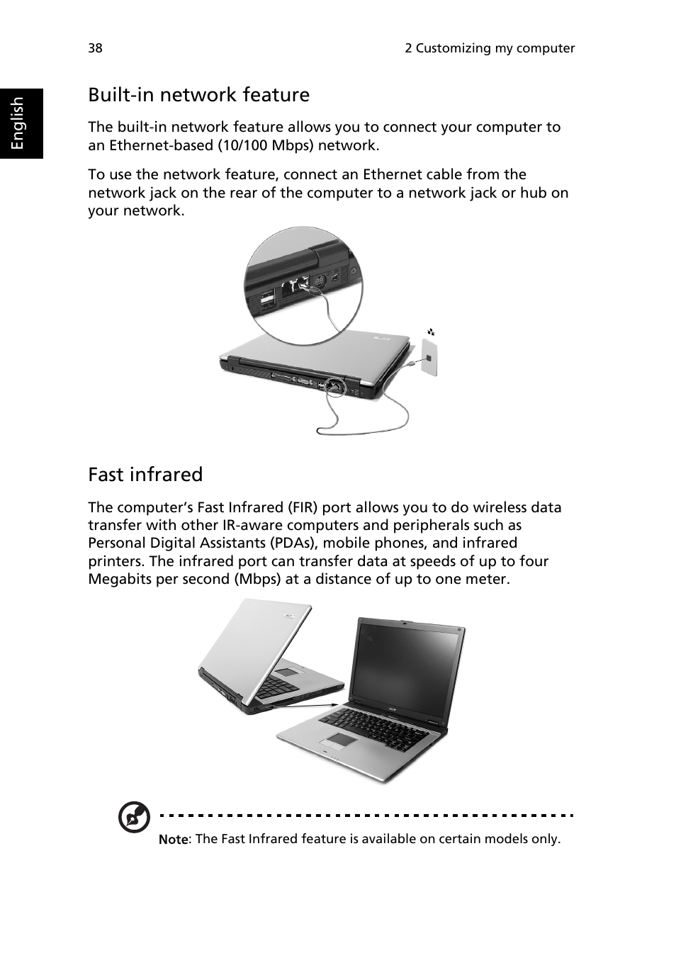 Built-in network feature, Fast infrared | Acer Extensa 2950 User Manual | Page 46 / 92