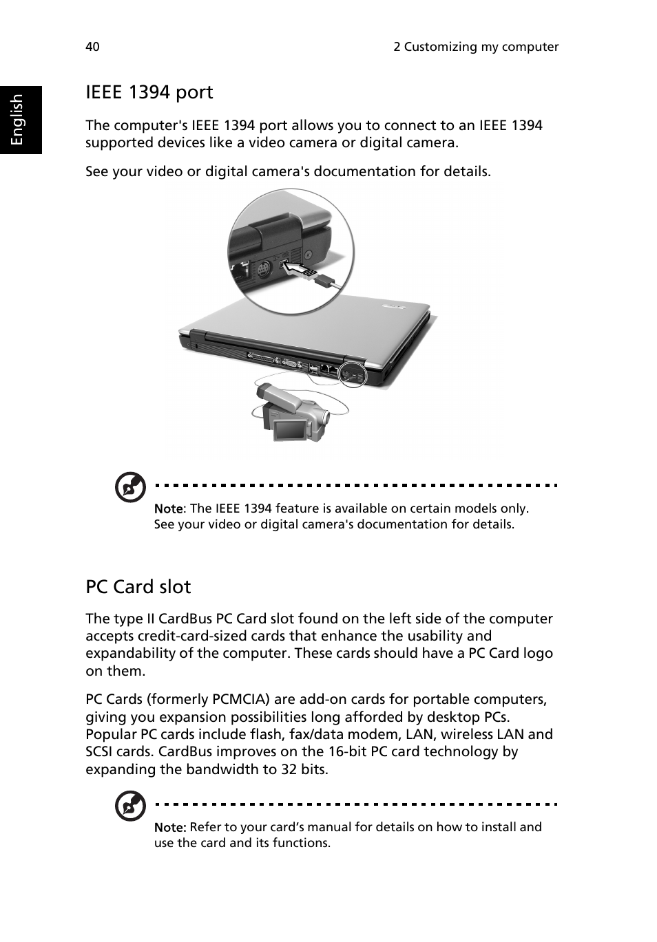 Ieee 1394 port, Pc card slot | Acer Extensa 2950 User Manual | Page 48 / 92