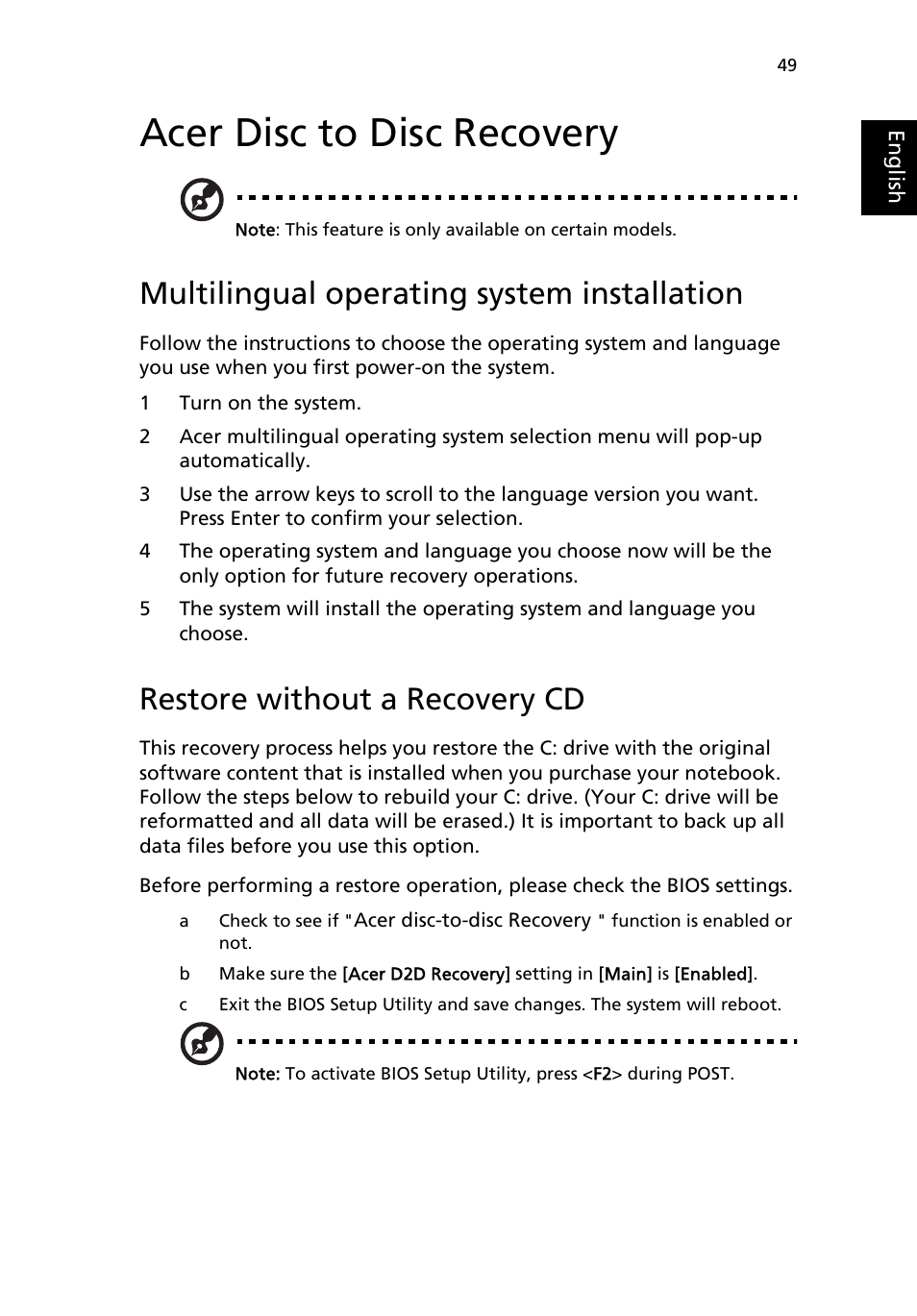Acer disc to disc recovery, Multilingual operating system installation, Restore without a recovery cd | Acer Extensa 2950 User Manual | Page 57 / 92