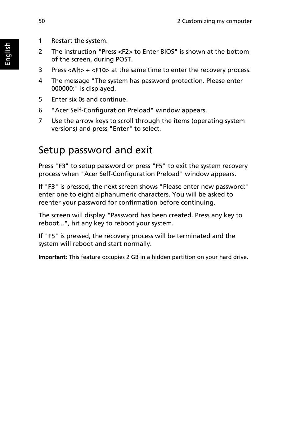 Setup password and exit | Acer Extensa 2950 User Manual | Page 58 / 92