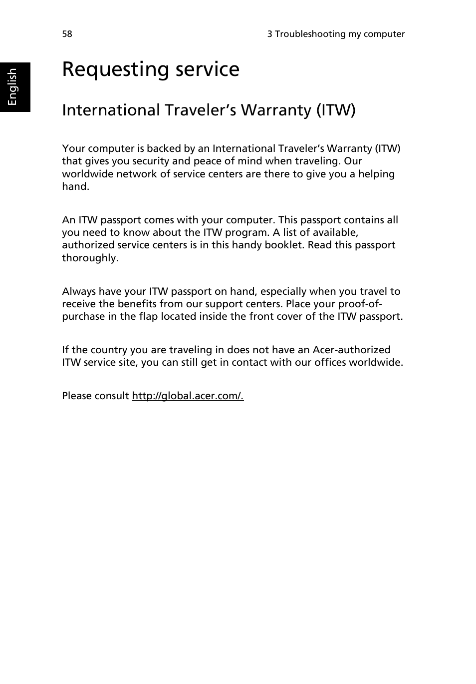 Requesting service, International traveler’s warranty (itw) | Acer Extensa 2950 User Manual | Page 66 / 92