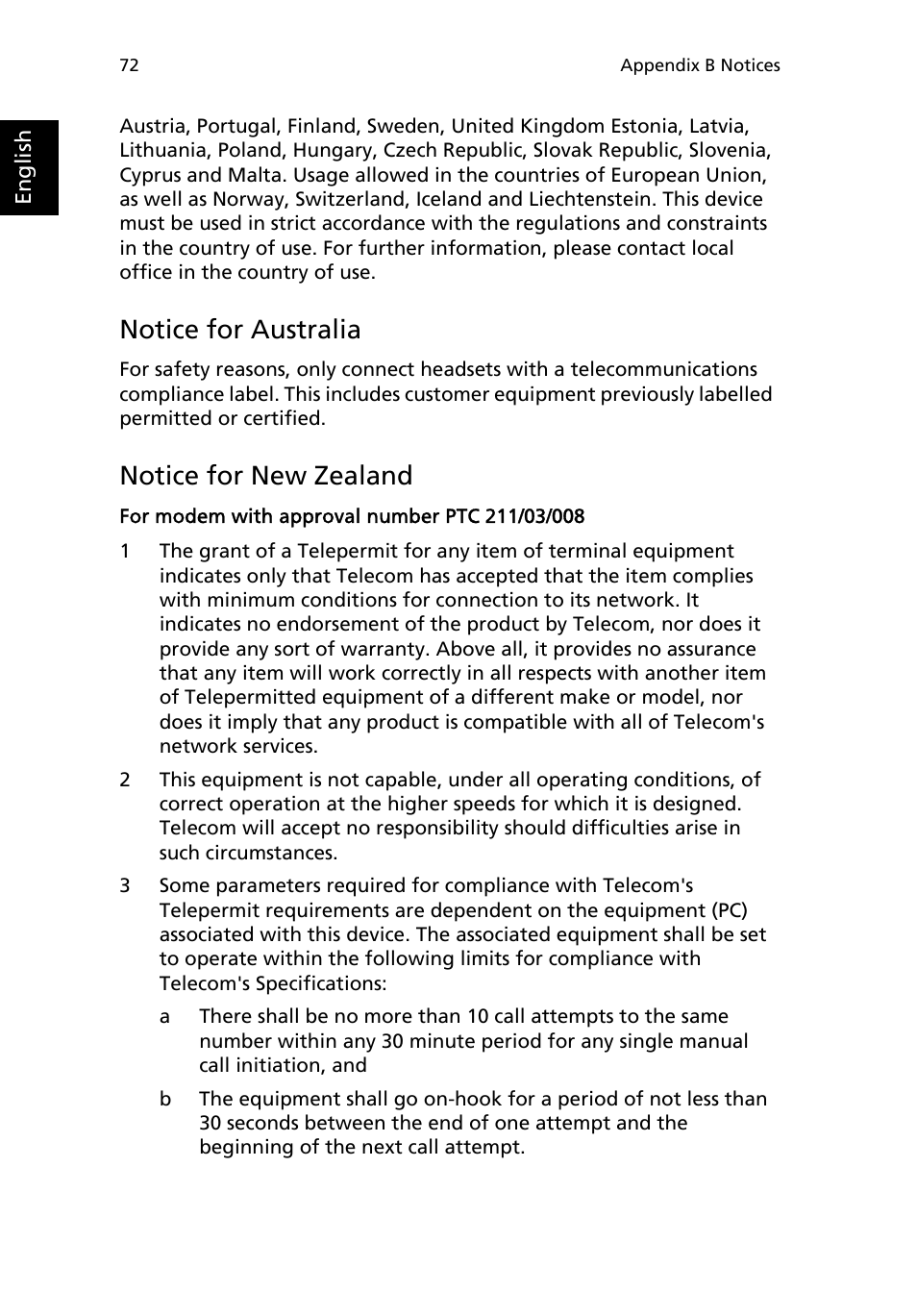 Notice for australia, Notice for new zealand | Acer Extensa 2950 User Manual | Page 80 / 92