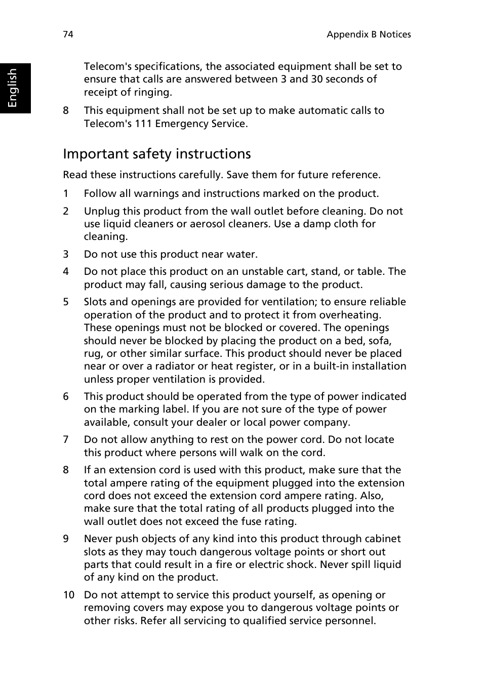 Important safety instructions | Acer Extensa 2950 User Manual | Page 82 / 92