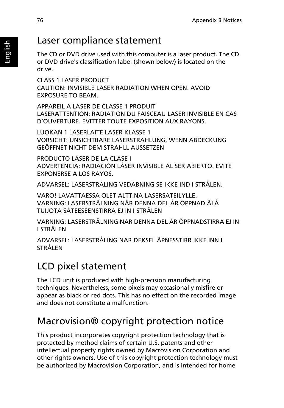 Laser compliance statement, Lcd pixel statement, Macrovision® copyright protection notice | Acer Extensa 2950 User Manual | Page 84 / 92
