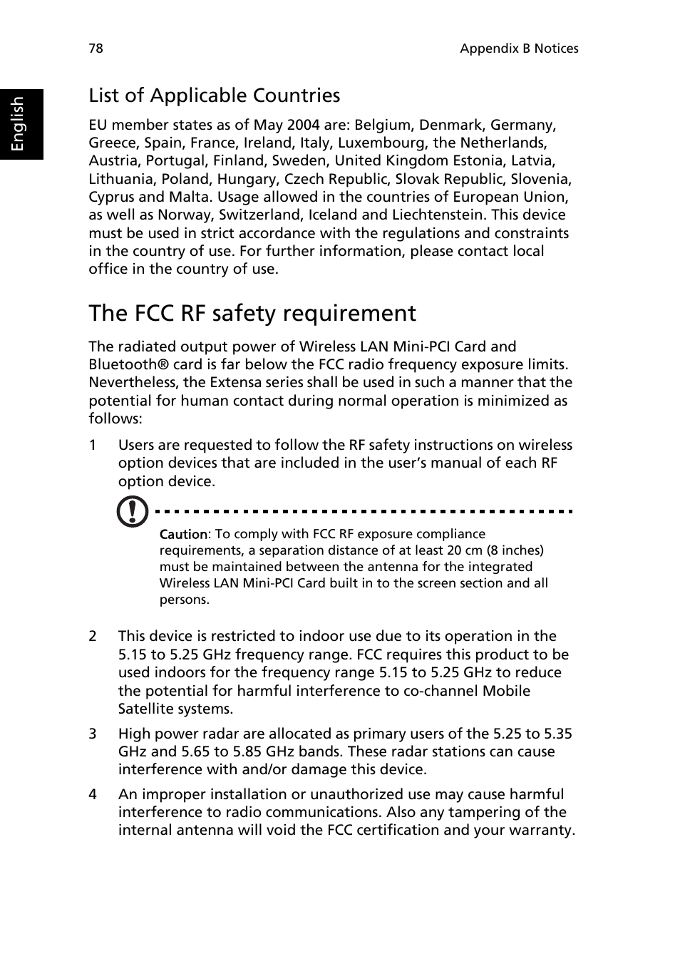 The fcc rf safety requirement, List of applicable countries | Acer Extensa 2950 User Manual | Page 86 / 92
