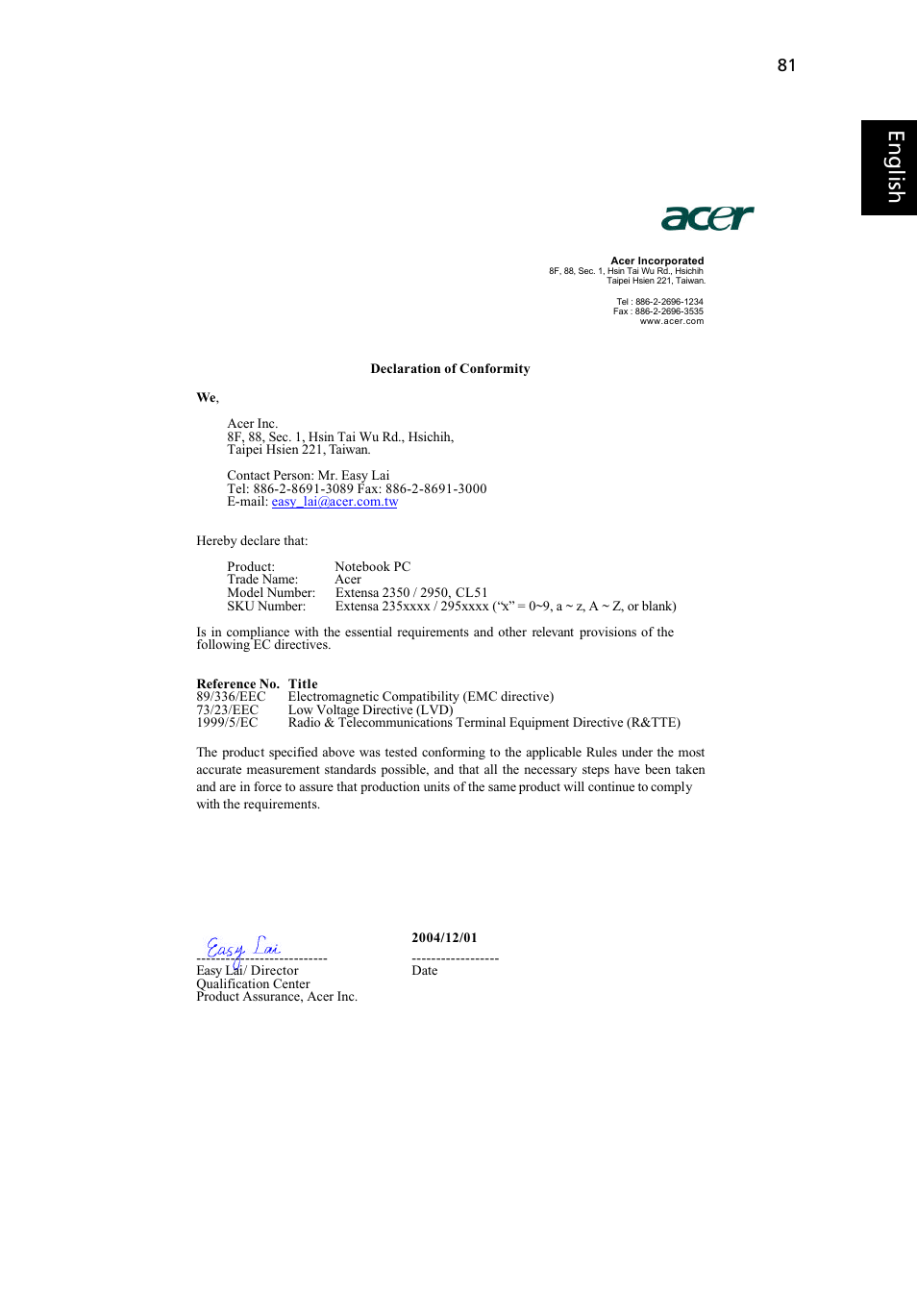 Eng lis h | Acer Extensa 2950 User Manual | Page 89 / 92