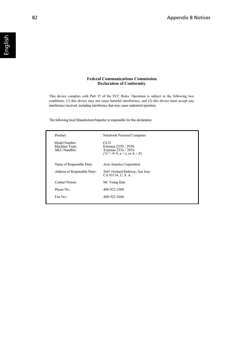 English, Appendix b notices 82 | Acer Extensa 2950 User Manual | Page 90 / 92