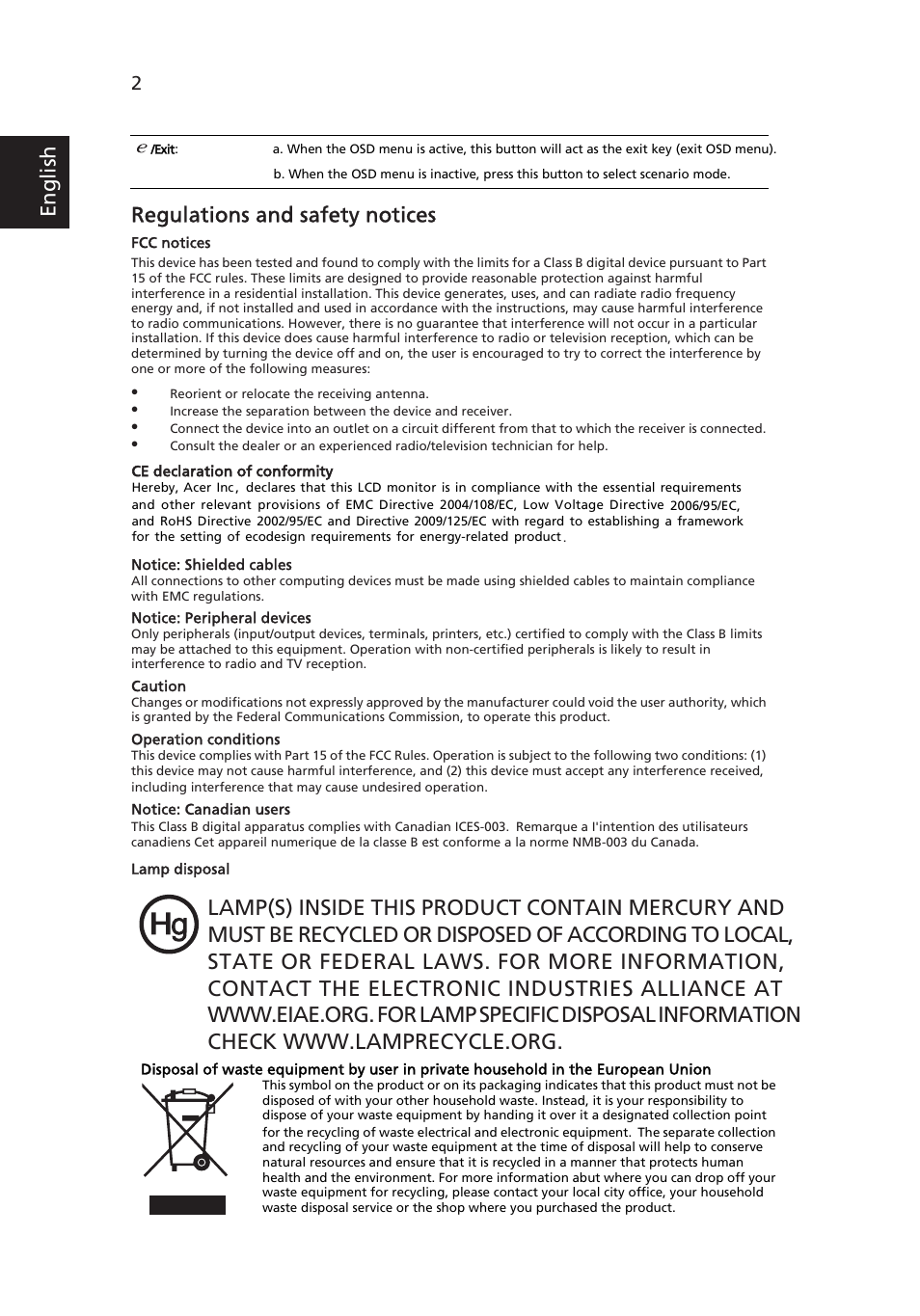 Regulations and safety notices, Eng lis h | Acer V203HV User Manual | Page 2 / 2