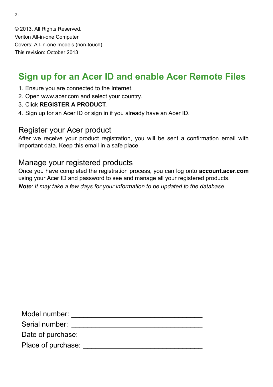 Register your acer product, Manage your registered products | Acer Veriton Z2640G User Manual | Page 2 / 68