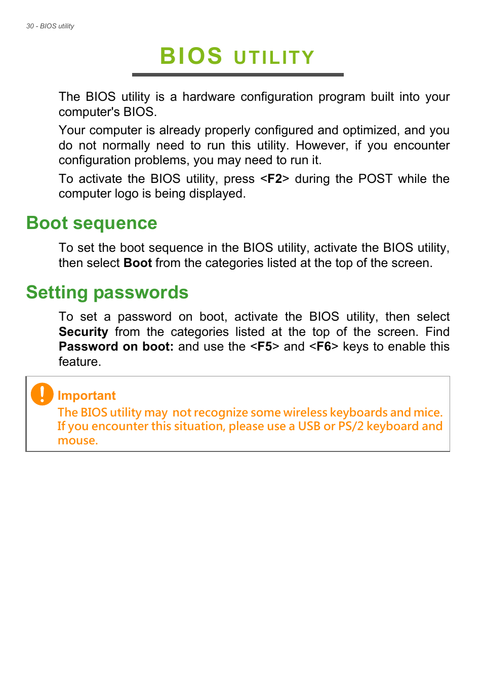 Bios utility, Boot sequence, Setting passwords | Boot sequence setting passwords, Bios, Utility | Acer Veriton Z2640G User Manual | Page 30 / 68