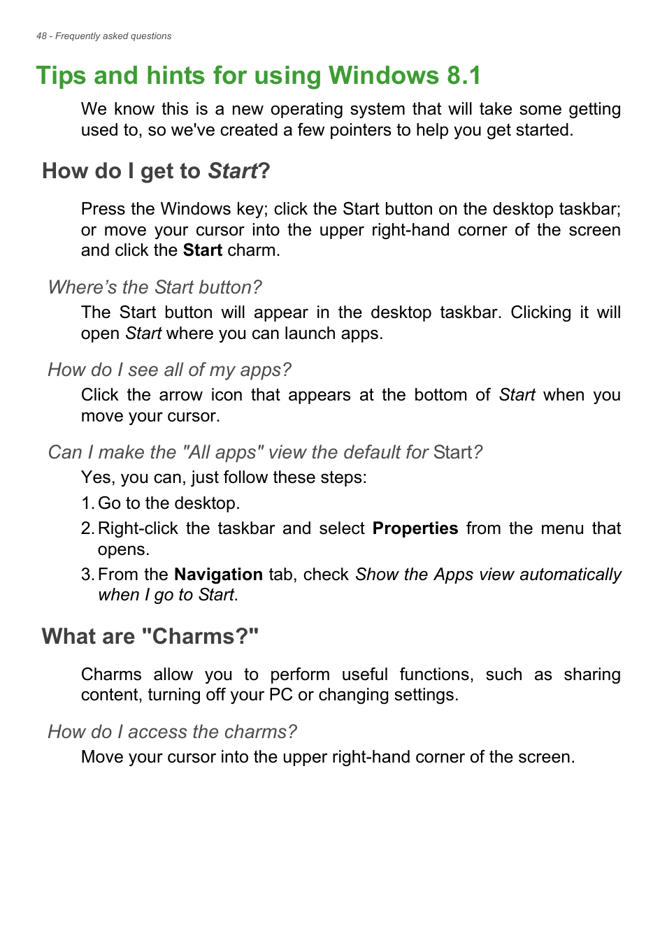 Tips and hints for using windows 8.1, How do i get to start, What are "charms | How do i get to start? what are "charms | Acer Veriton Z2640G User Manual | Page 48 / 68