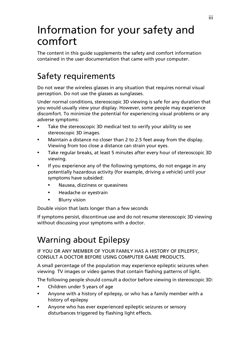 Information for your safety and comfort, Safety requirements, Warning about epilepsy | Acer HN274H User Manual | Page 26 / 37