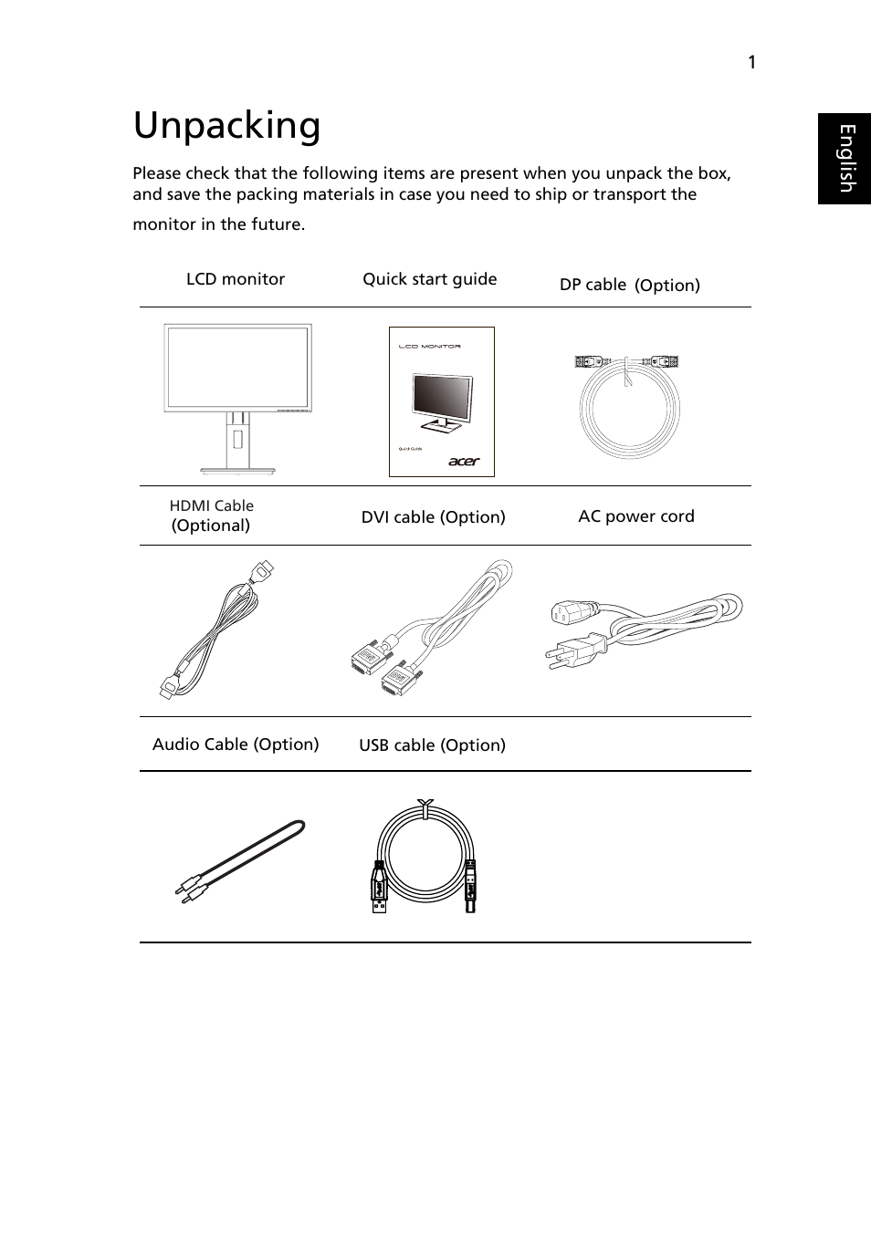 Unpacking, Eng lis h | Acer B326HUL User Manual | Page 13 / 28