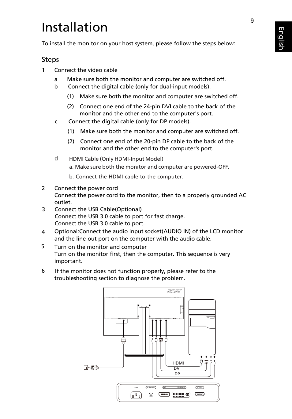 Installation, Eng lis h, Steps | Acer B326HUL User Manual | Page 21 / 28