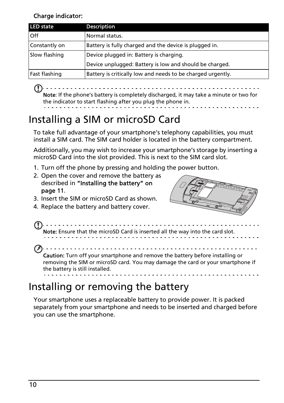 Installing a sim or microsd card, Installing or removing the battery | Acer Liquid MT S120 User Manual | Page 10 / 68