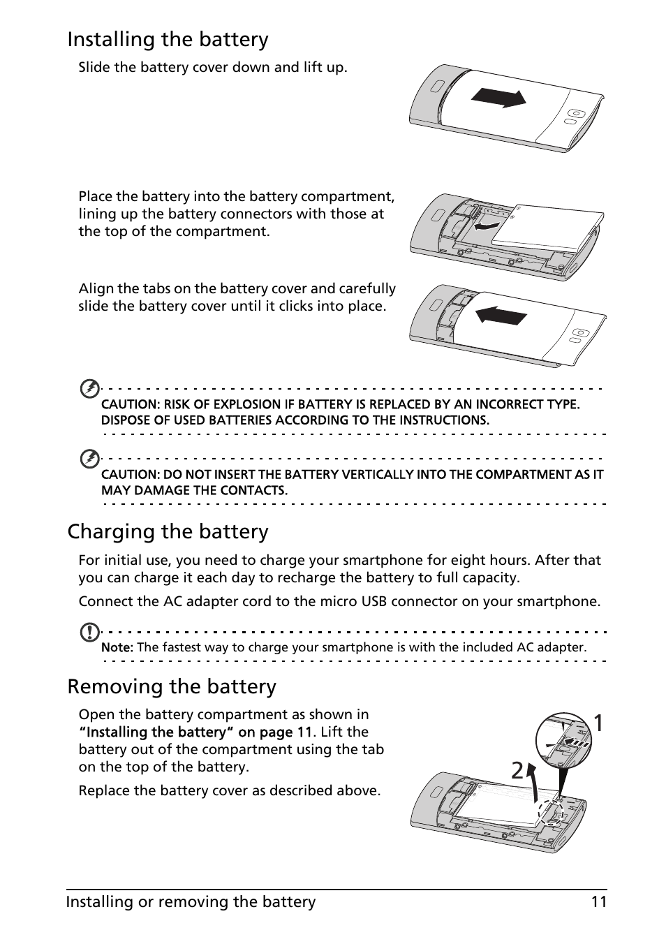 Installing the battery, Charging the battery, Removing the battery | Acer Liquid MT S120 User Manual | Page 11 / 68