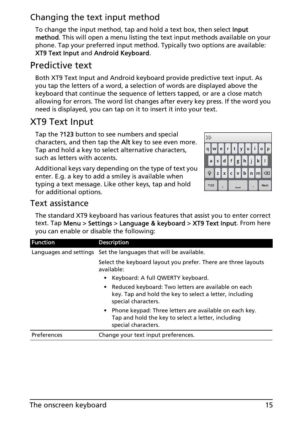 Predictive text, Xt9 text input, Changing the text input method | Text assistance | Acer Liquid MT S120 User Manual | Page 15 / 68
