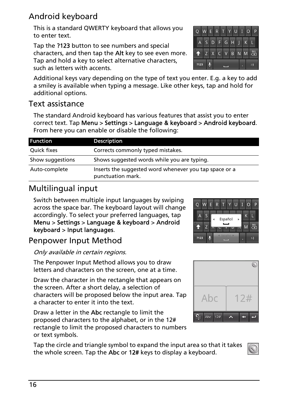 Android keyboard, Text assistance, Multilingual input | Penpower input method | Acer Liquid MT S120 User Manual | Page 16 / 68