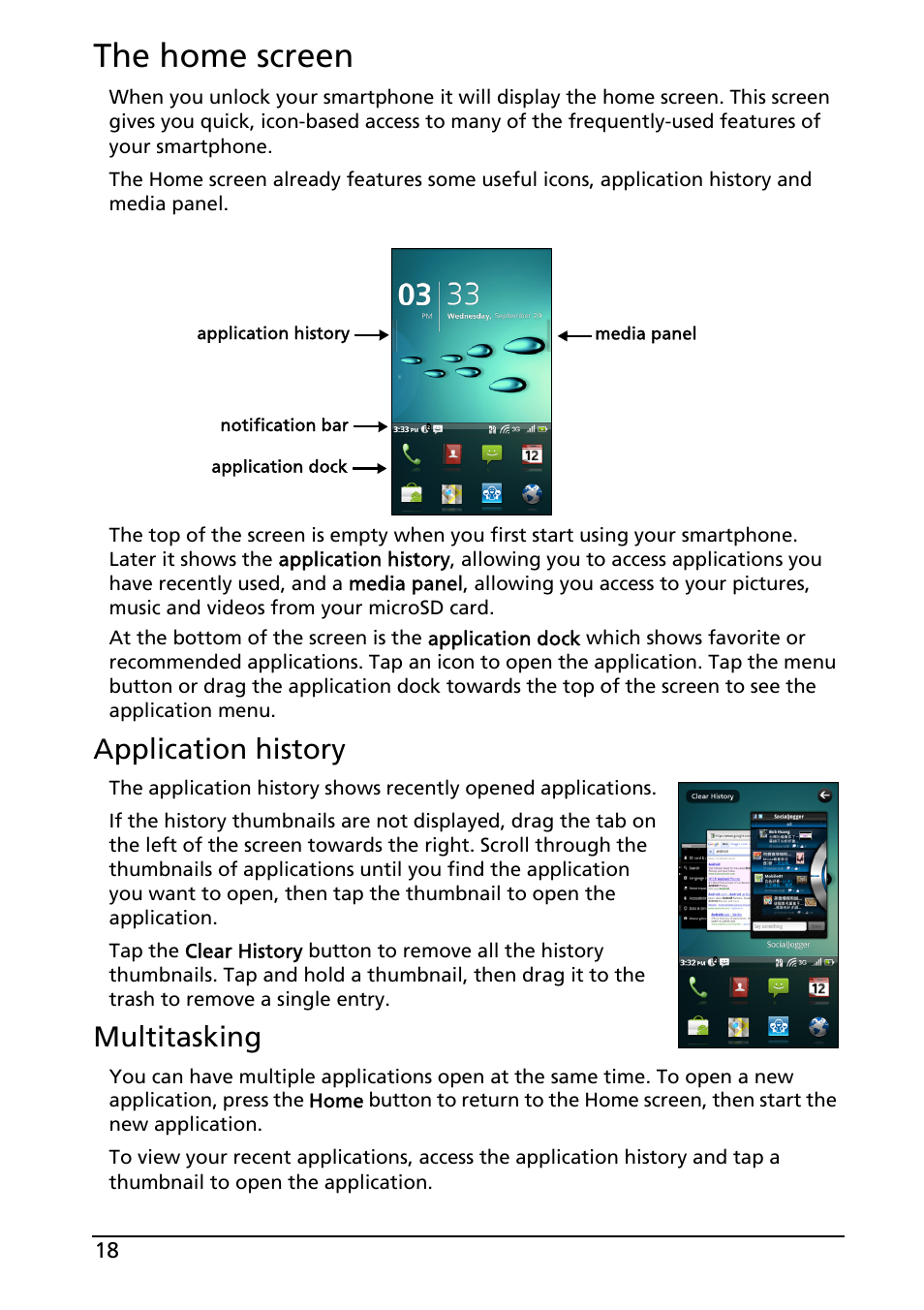 The home screen, Application history, Multitasking | Acer Liquid MT S120 User Manual | Page 18 / 68