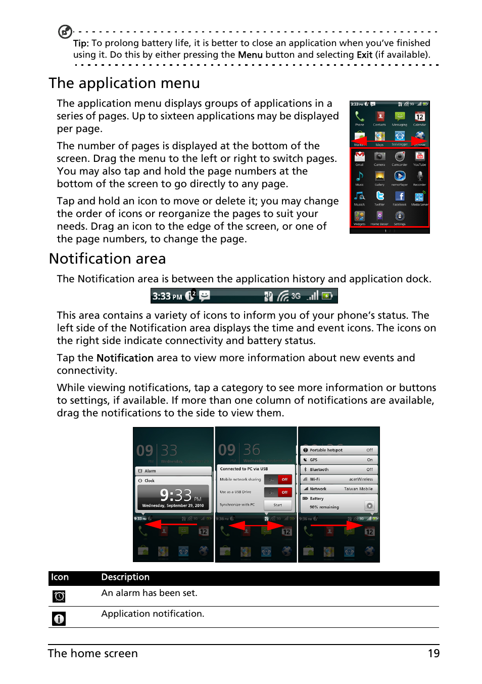 The application menu, Notification area | Acer Liquid MT S120 User Manual | Page 19 / 68