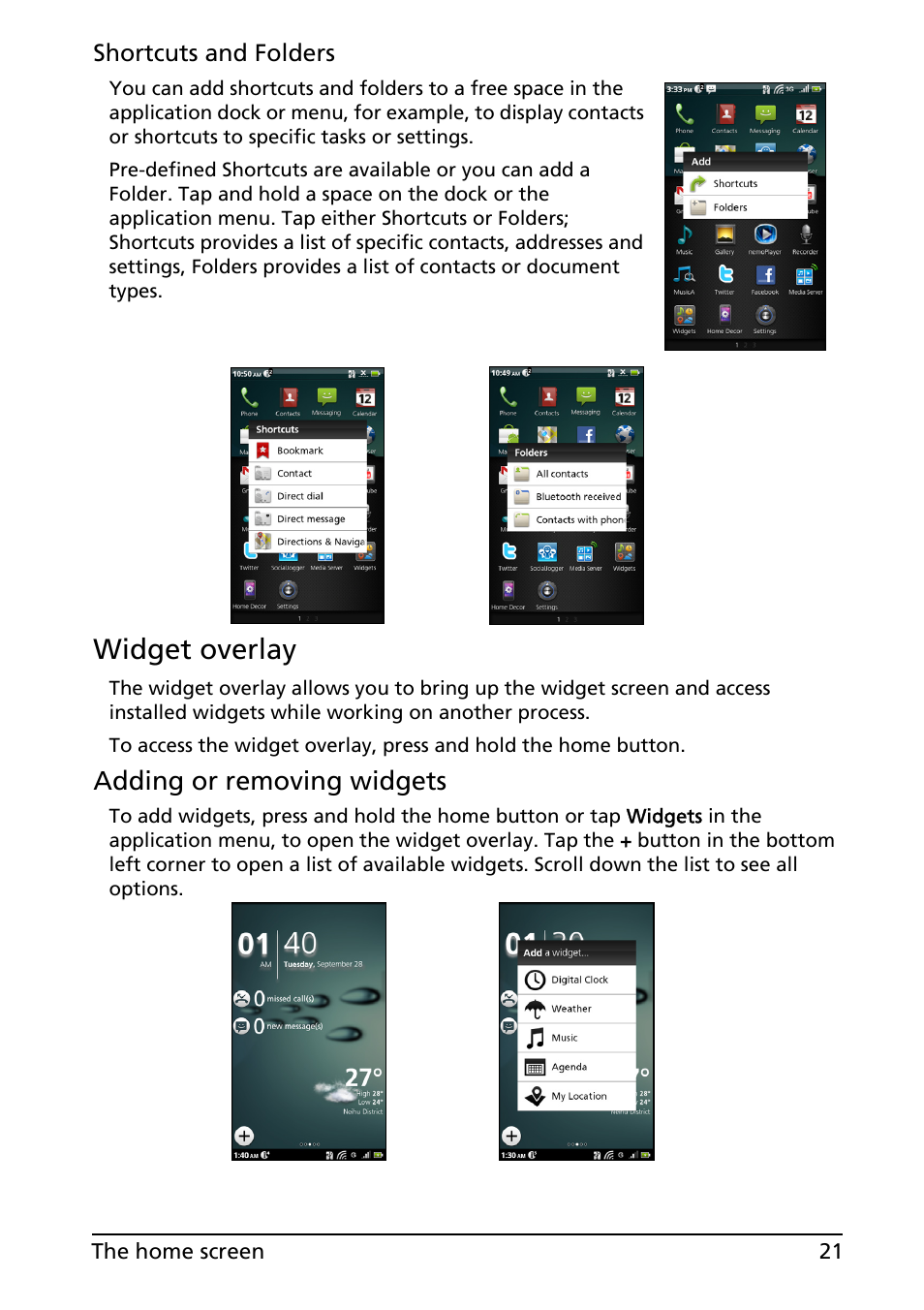 Widget overlay, Adding or removing widgets | Acer Liquid MT S120 User Manual | Page 21 / 68