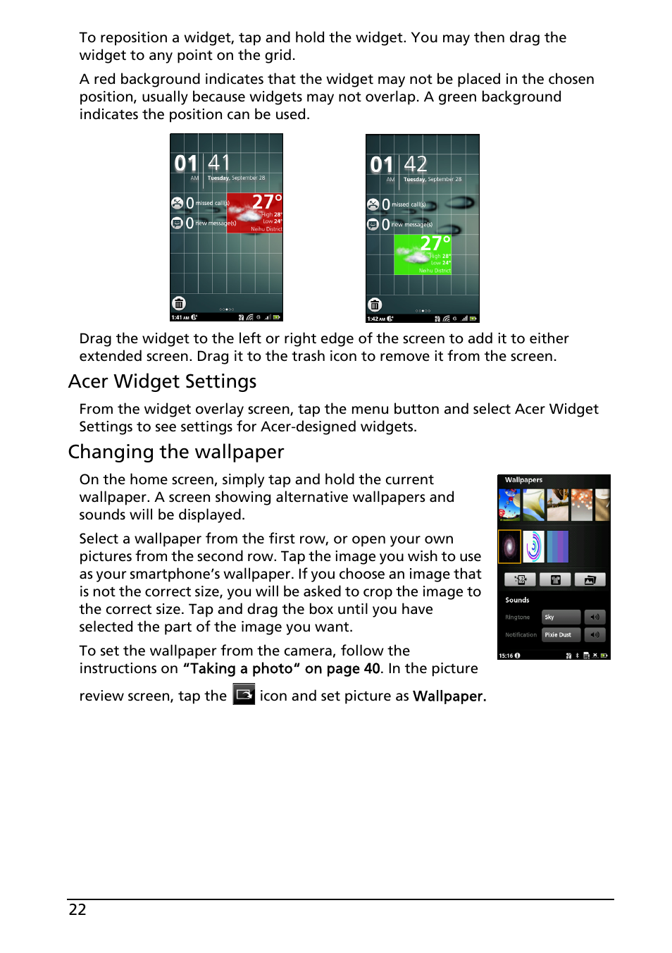 Acer widget settings, Changing the wallpaper | Acer Liquid MT S120 User Manual | Page 22 / 68