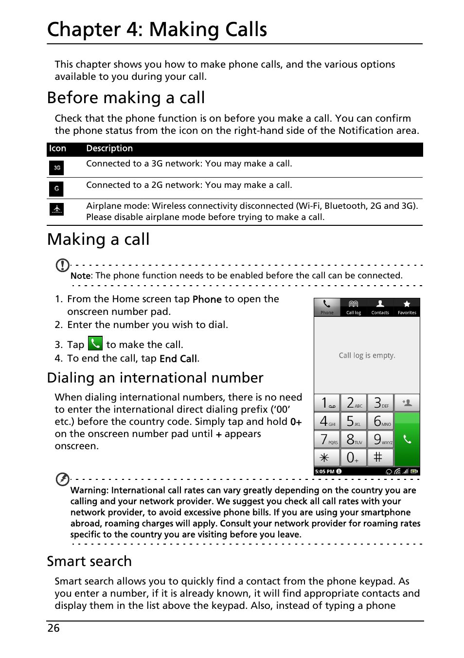Before making a call, Making a call, Making calls | Before making a call making a call, Chapter 4: making calls, Dialing an international number, Smart search | Acer Liquid MT S120 User Manual | Page 26 / 68