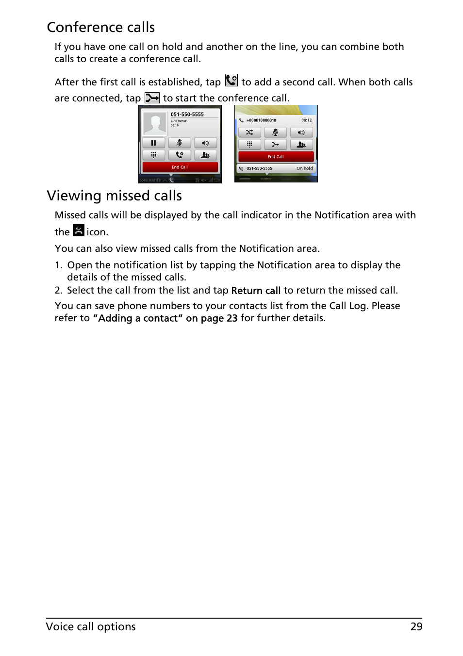 Conference calls, Viewing missed calls | Acer Liquid MT S120 User Manual | Page 29 / 68