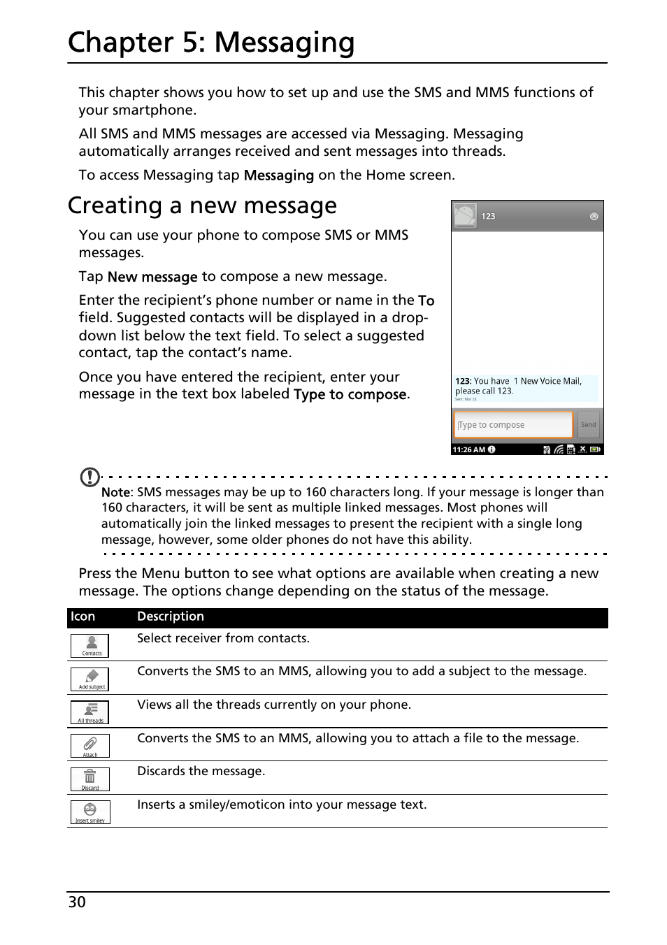 Creating a new message, Messaging, Chapter 5: messaging | Acer Liquid MT S120 User Manual | Page 30 / 68