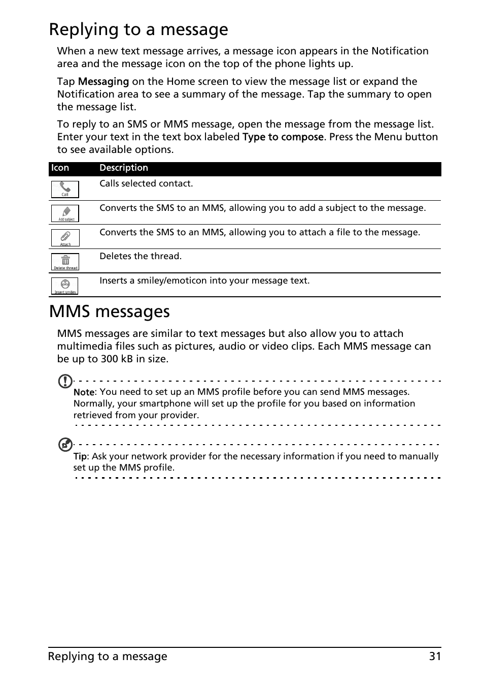 Replying to a message, Mms messages, Replying to a message mms messages | Acer Liquid MT S120 User Manual | Page 31 / 68