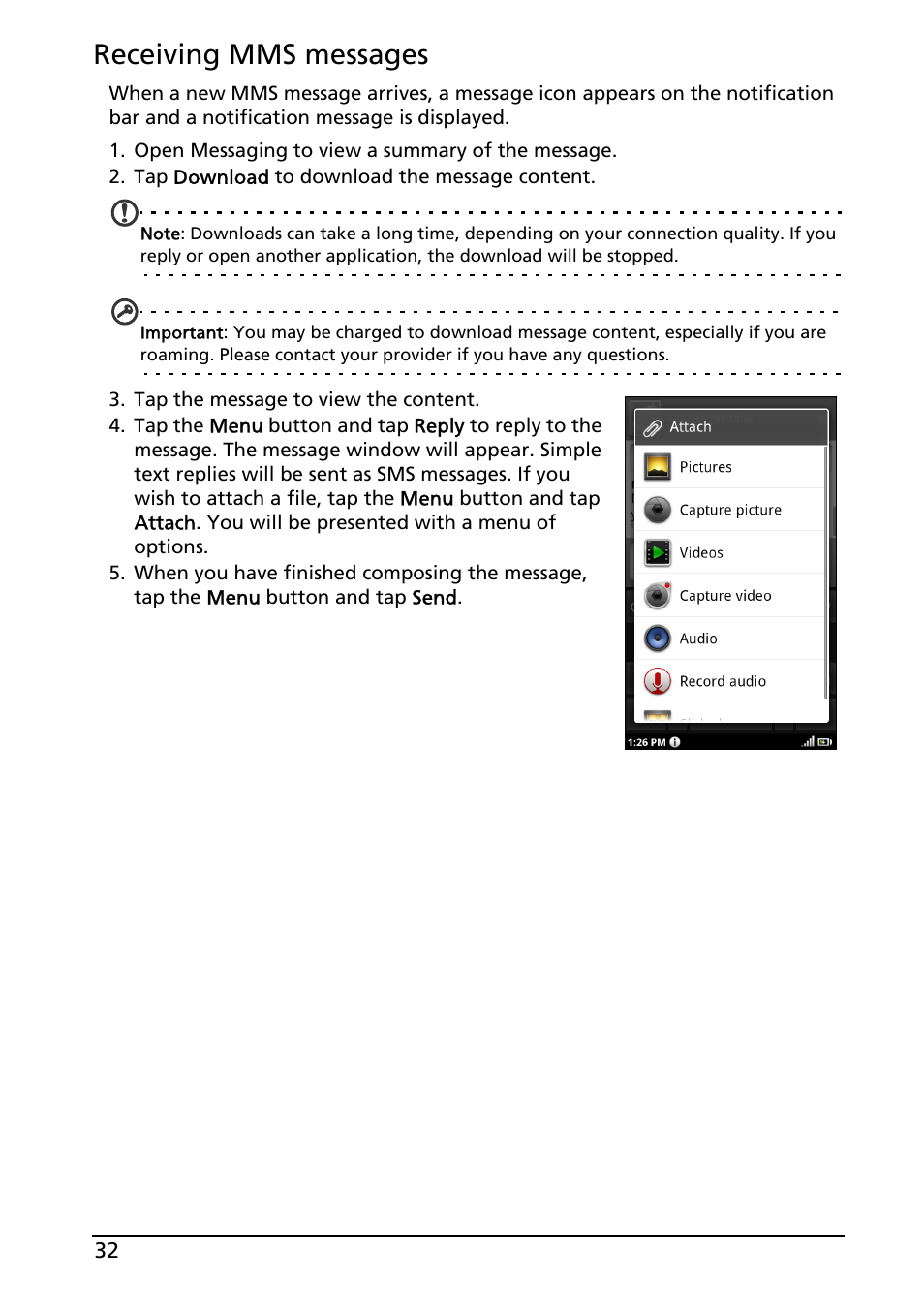 Receiving mms messages | Acer Liquid MT S120 User Manual | Page 32 / 68