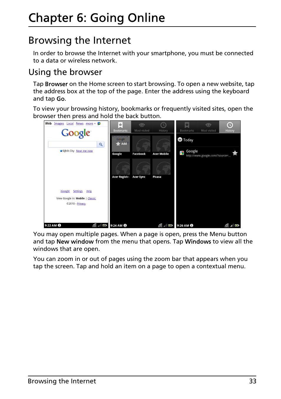 Browsing the internet, Going online, Chapter 6: going online | Acer Liquid MT S120 User Manual | Page 33 / 68