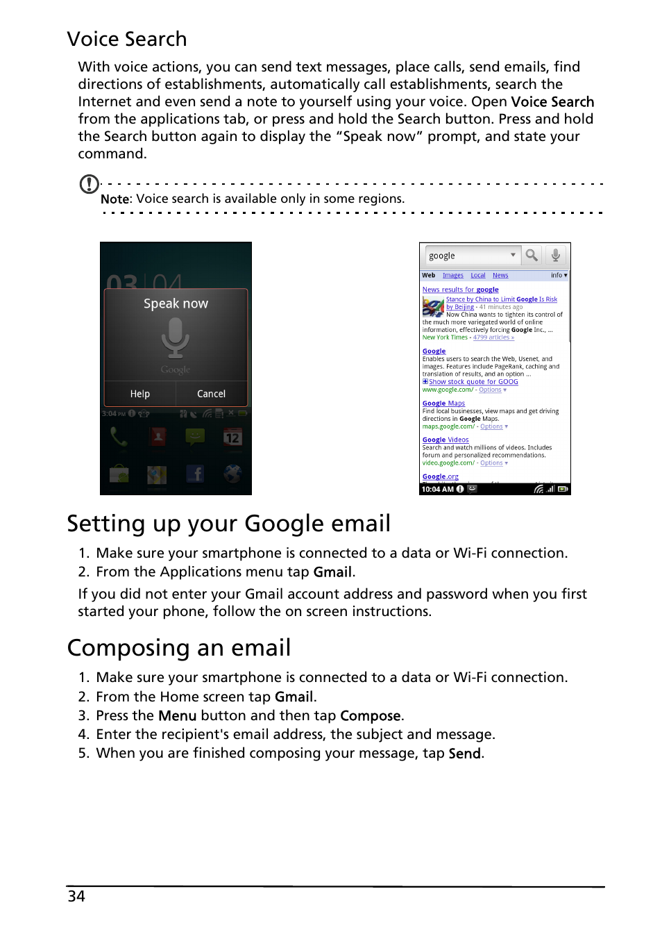 Setting up your google email, Composing an email, Setting up your google email composing an email | Voice search | Acer Liquid MT S120 User Manual | Page 34 / 68