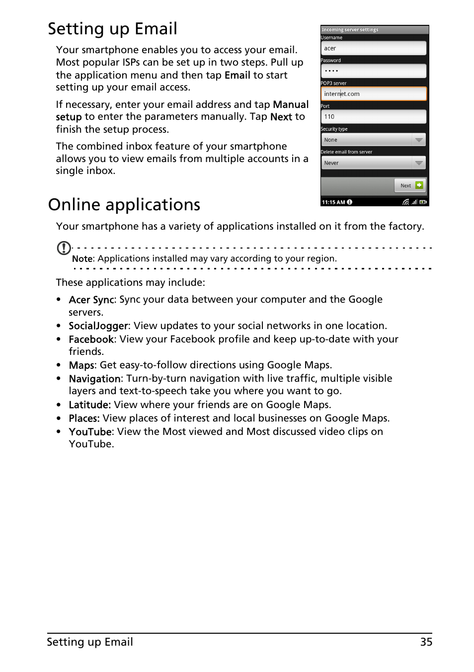 Setting up email, Online applications, Setting up email online applications | Acer Liquid MT S120 User Manual | Page 35 / 68