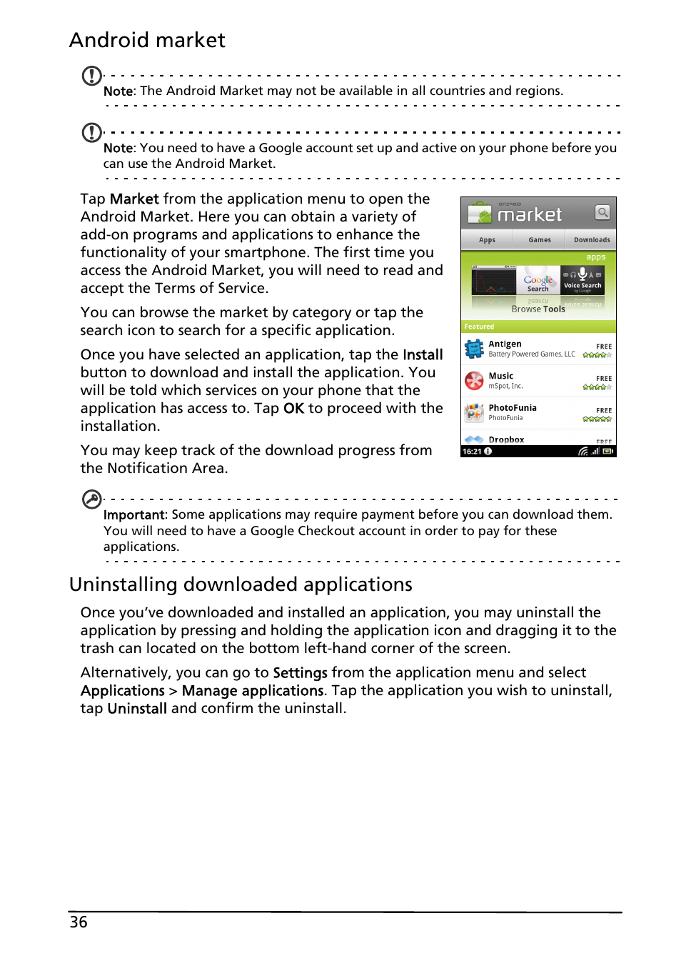 Android market, Uninstalling downloaded applications | Acer Liquid MT S120 User Manual | Page 36 / 68