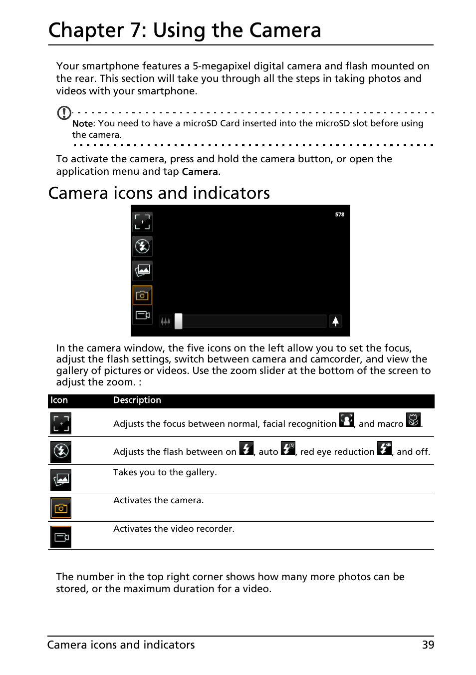 Camera icons and indicators, Using the camera, Chapter 7: using the camera | Acer Liquid MT S120 User Manual | Page 39 / 68