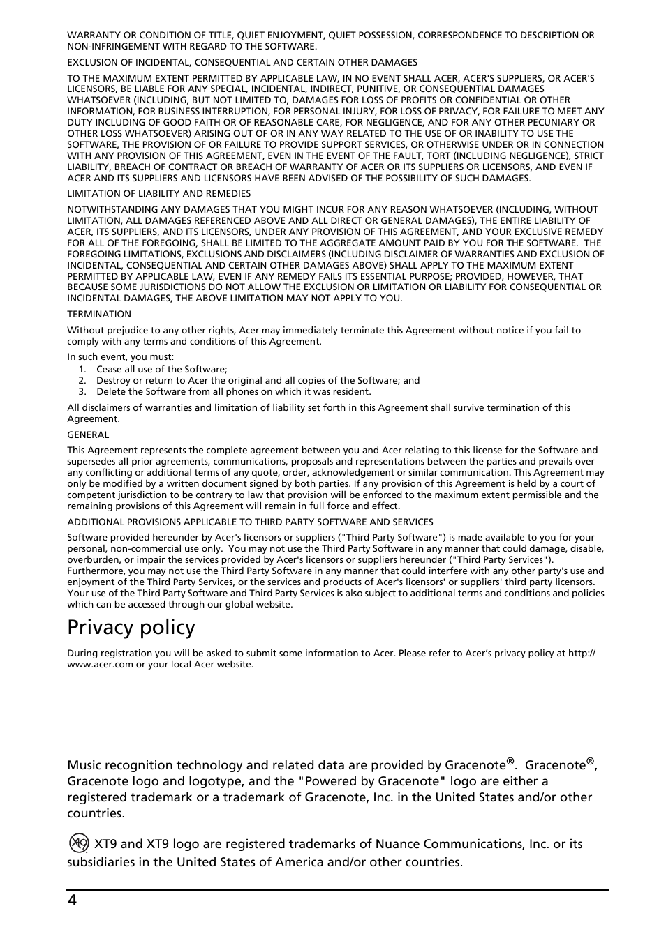 Privacy policy | Acer Liquid MT S120 User Manual | Page 4 / 68