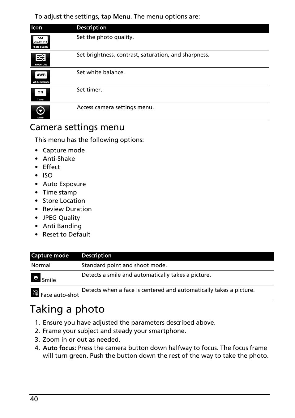 Taking a photo, Camera settings menu | Acer Liquid MT S120 User Manual | Page 40 / 68