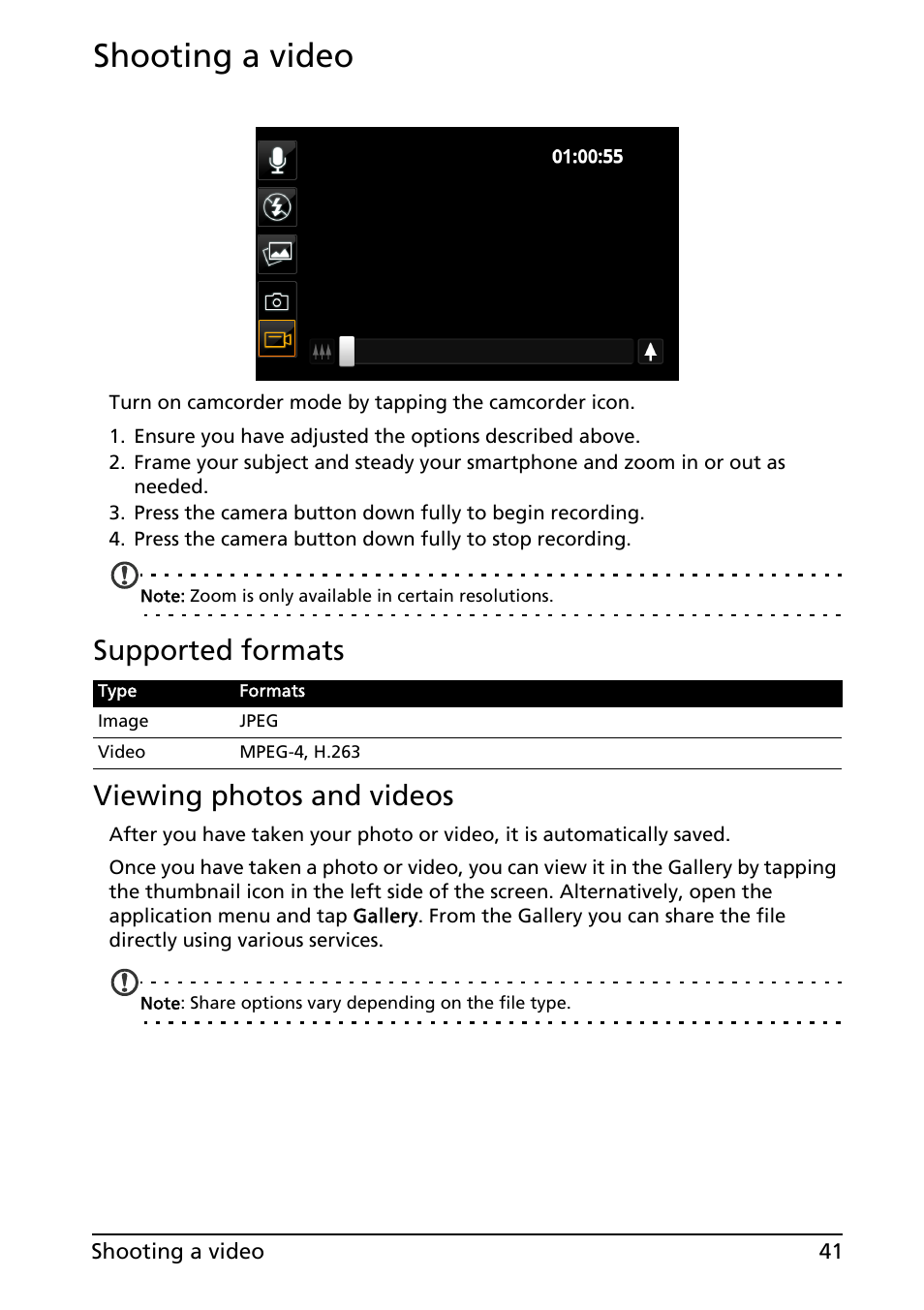 Shooting a video, Supported formats viewing photos and videos | Acer Liquid MT S120 User Manual | Page 41 / 68