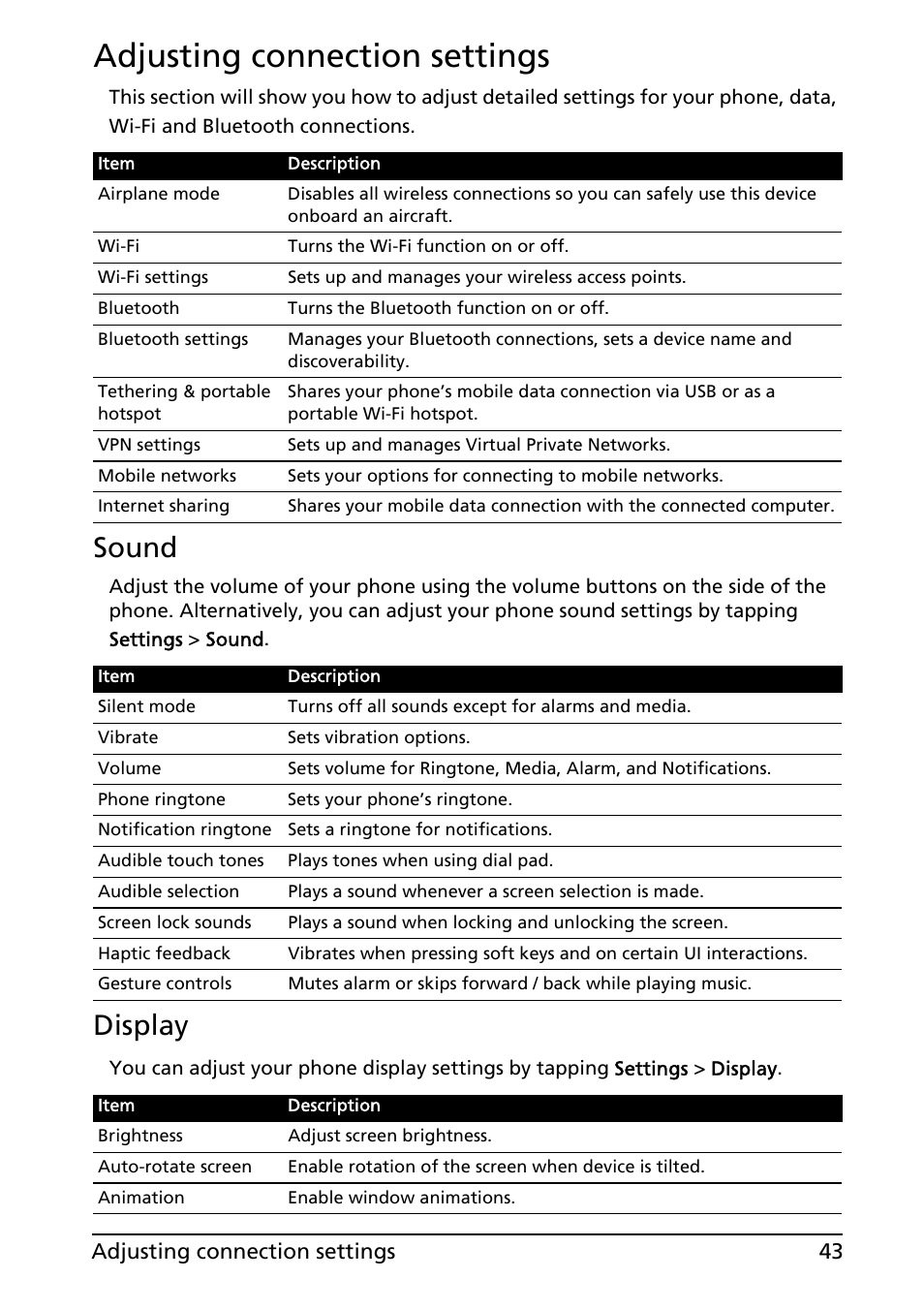 Adjusting connection settings, Sound, Display | Acer Liquid MT S120 User Manual | Page 43 / 68