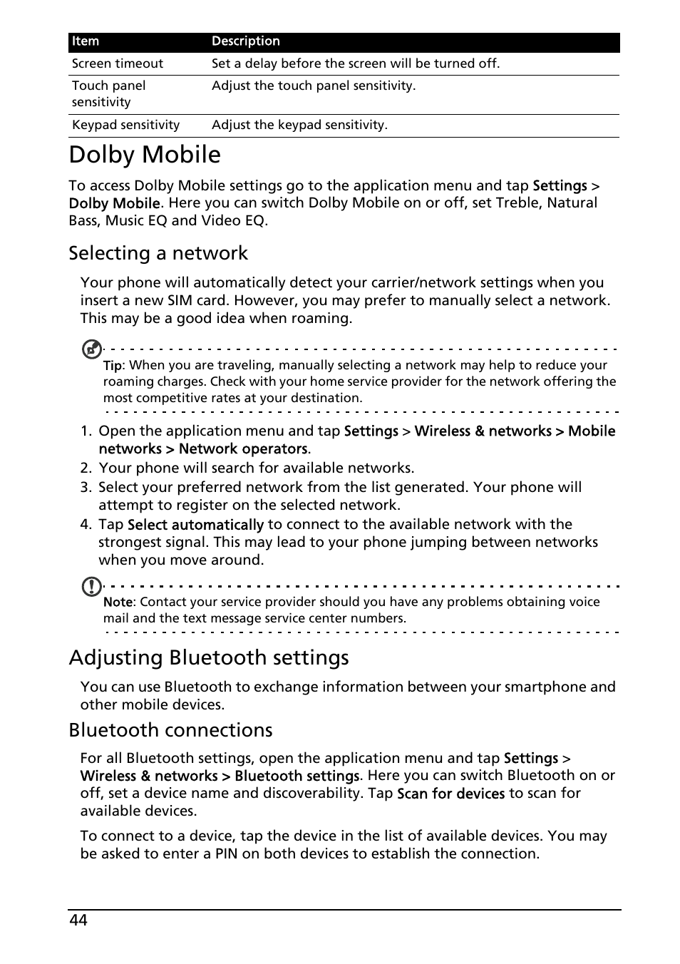 Dolby mobile, Selecting a network, Dolby mobile selecting a network | Adjusting bluetooth settings, Bluetooth connections | Acer Liquid MT S120 User Manual | Page 44 / 68